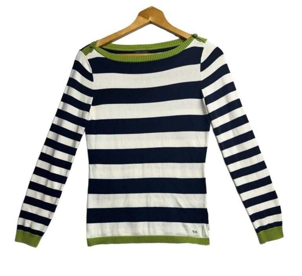 Tommy Hilfiger Navy and White Striped Sweater with Lime Green Trim